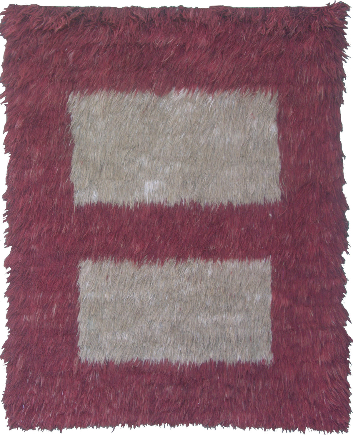 A square shag area rug with a deep burgundy border and two large beige rectangular panels in the center, shown flat against a white background. Atlantica Organics curates antique and handmade rugs, Persian, Afghan, Tibetan, Pakistani, Turkish Oushak, Kilim, Khotan, tribal and contemporary textiles for luxury interiors, homes and real estate. Our collections connect timeless craftsmanship with interior design, furniture, fine art, architecture and modern living. Explore curated rugs, collectible textiles, na
