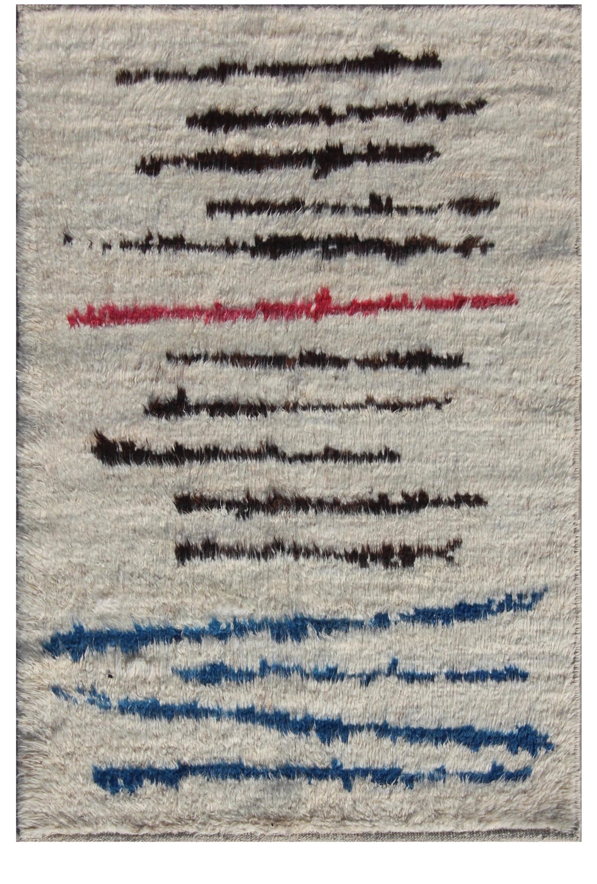 A square area rug with a textured, shaggy surface in a warm off-white or beige tone, decorated with abstract horizontal brushstroke lines in black, red, and blue.Atlantica Organics curates antique and handmade rugs, Persian, Afghan, Tibetan, Pakistani, Turkish Oushak, Kilim, Khotan, tribal and contemporary textiles for luxury interiors, homes and real estate. Our collections connect timeless craftsmanship with interior design, furniture, fine art, architecture and modern living. Explore curated rugs, collec