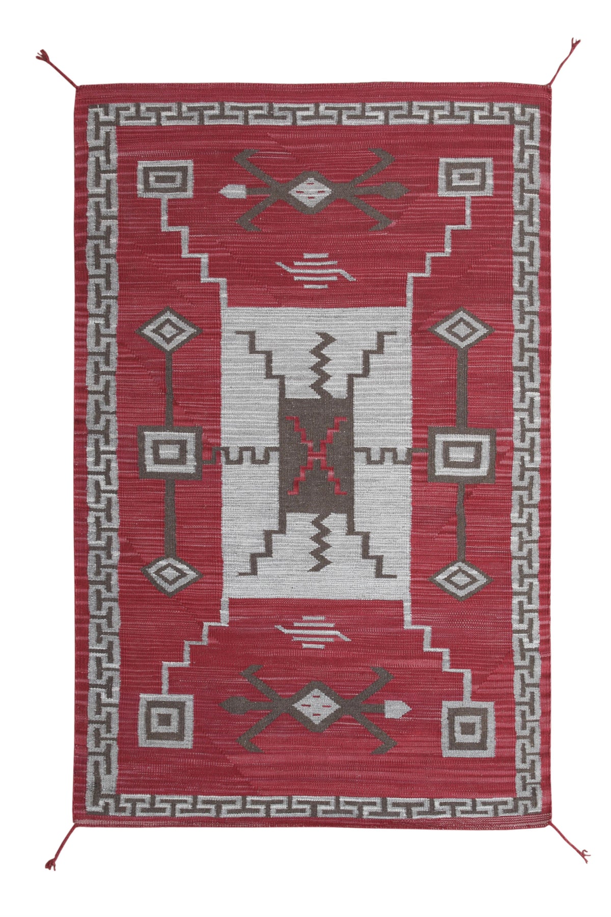 A rectangular woven area rug with a geometric Southwestern design, featuring a deep red field, a central light gray panel, and a gray border with stepped and diamond motifs. Atlantica Organics curates antique and handmade rugs, Persian, Afghan, Tibetan, Pakistani, Turkish Oushak, Kilim, Khotan, tribal and contemporary textiles for luxury interiors, homes and real estate. Our collections connect timeless craftsmanship with interior design, furniture, fine art, architecture and modern living. Explore curated