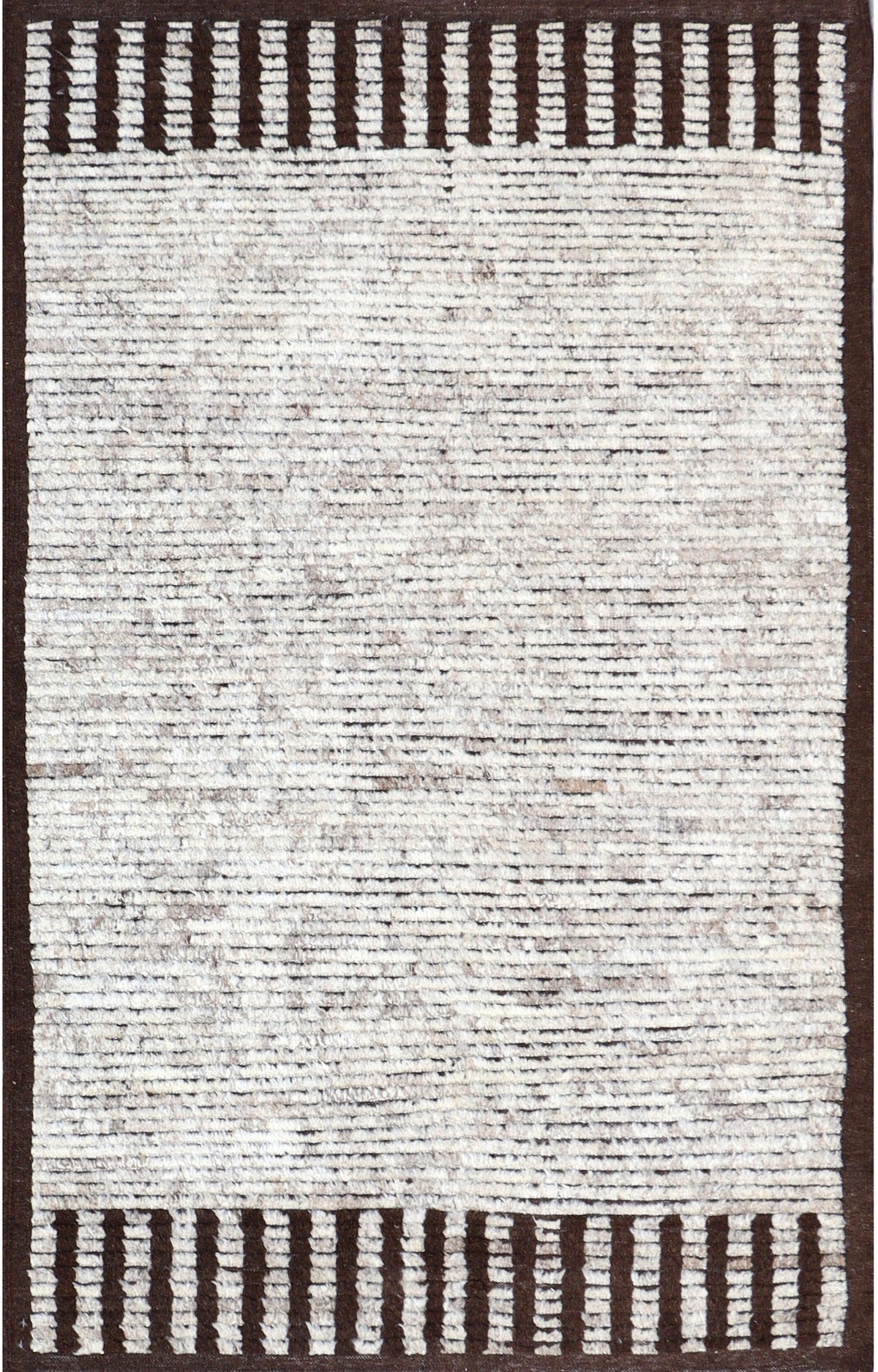 A square area rug with a textured, heathered off-white and light gray center field, framed by a dark brown border with vertical tufted stripes at the top and bottom.Atlantica Organics curates antique and handmade rugs, Persian, Afghan, Tibetan, Pakistani, Turkish Oushak, Kilim, Khotan, tribal and contemporary textiles for luxury interiors, homes and real estate. Our collections connect timeless craftsmanship with interior design, furniture, fine art, architecture and modern living. Explore curated rugs, col