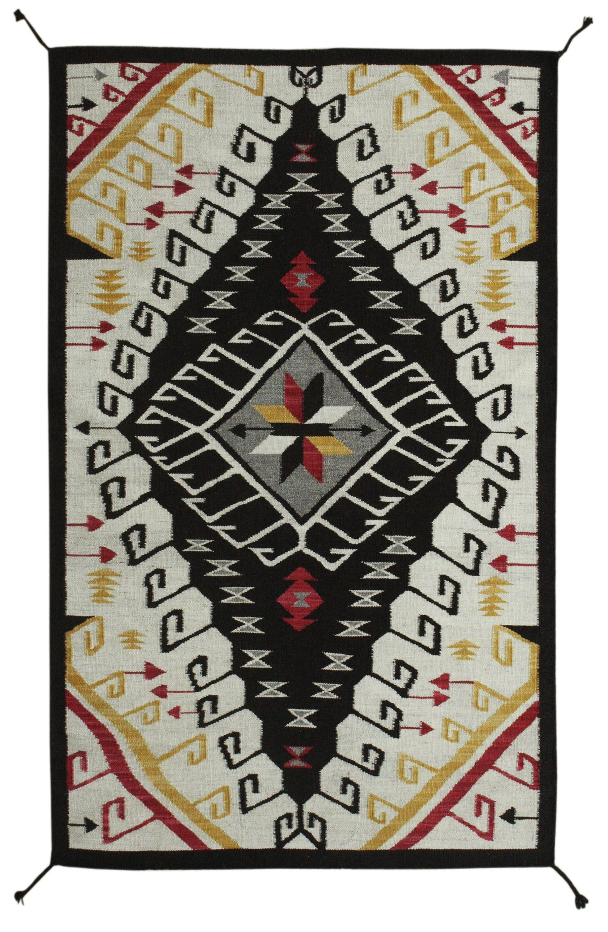 A rectangular Southwestern-style woven rug with a bold geometric pattern, featuring a black central diamond, cream side panels, and accents of red, yellow, and gray. Atlantica Organics curates antique and handmade rugs, Persian, Afghan, Tibetan, Pakistani, Turkish Oushak, Kilim, Khotan, tribal and contemporary textiles for luxury interiors, homes and real estate. Our collections connect timeless craftsmanship with interior design, furniture, fine art, architecture and modern living. Explore curated rugs, co
