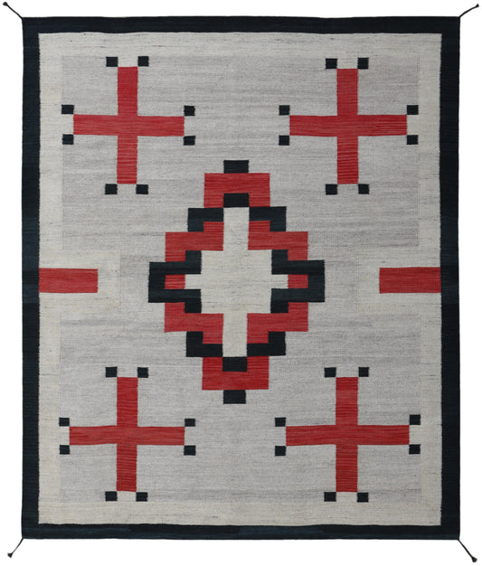 A square woven rug with a geometric Southwestern or Navajo-inspired pattern, featuring a central diamond, four red crosses, and a thick black border on a light gray background.