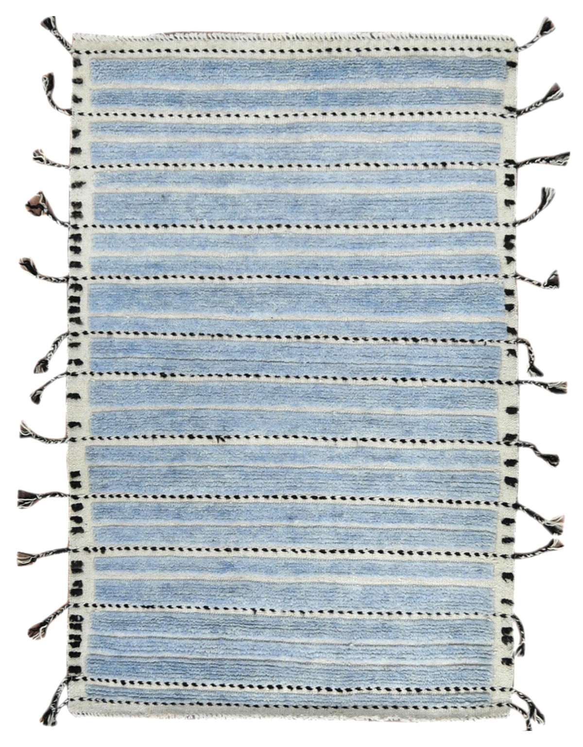 A rectangular woven rug with horizontal light blue and off-white stripes, accented by thin black dotted lines and black tassels along the sides, shown flat against a white background.Atlantica Organics curates antique and handmade rugs, Persian, Afghan, Tibetan, Pakistani, Turkish Oushak, Kilim, Khotan, tribal and contemporary textiles for luxury interiors, homes and real estate. Our collections connect timeless craftsmanship with interior design, furniture, fine art, architecture and modern living. Explore