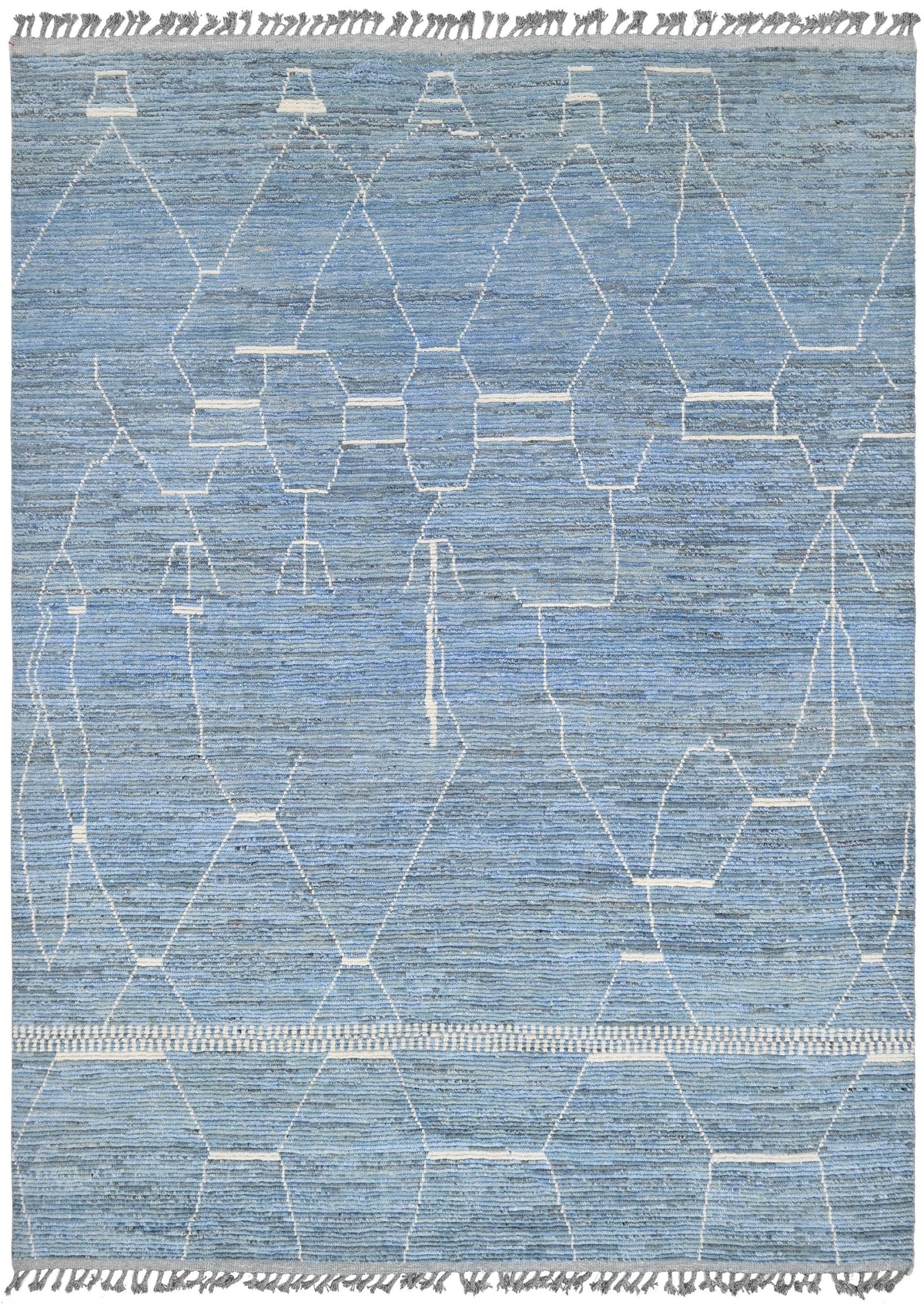 A square blue area rug with a white geometric tribal pattern and fringed edges, shown flat against a white background. Atlantica Organics curates antique and handmade rugs, Persian, Afghan, Tibetan, Pakistani, Turkish Oushak, Kilim, Khotan, tribal and contemporary textiles for luxury interiors, homes and real estate. Our collections connect timeless craftsmanship with interior design, furniture, fine art, architecture and modern living. Explore curated rugs, collectible textiles, natural materials, cultural