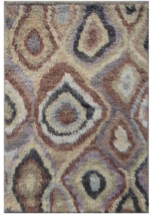 A square shag area rug with an abstract, geometric diamond pattern in muted tones of brown, beige, gray, and lavender. Atlantica Organics curates antique and handmade rugs, Persian, Afghan, Tibetan, Pakistani, Turkish Oushak, Kilim, Khotan, tribal and contemporary textiles for luxury interiors, homes and real estate. Our collections connect timeless craftsmanship with interior design, furniture, fine art, architecture and modern living. Explore curated rugs, collectible textiles, natural materials, cultural