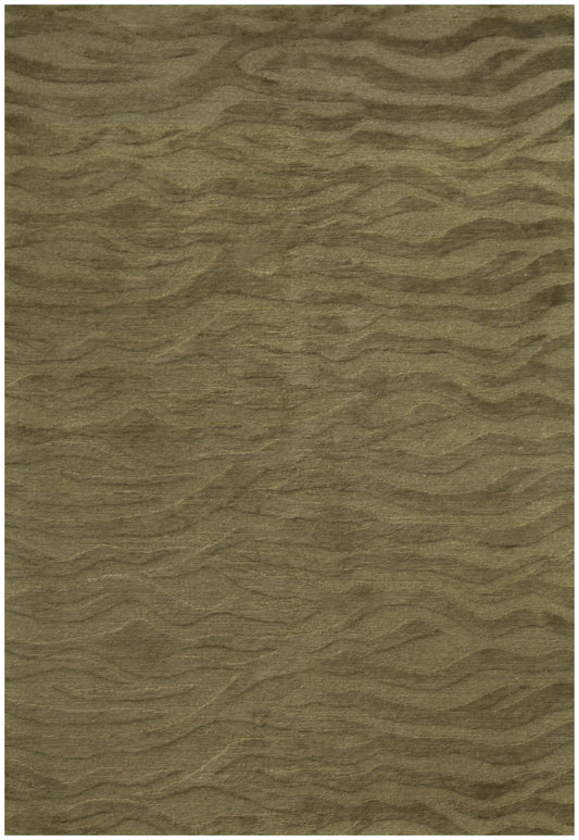 A square area rug with a textured, wavy horizontal pattern in muted olive green and brown tones.Atlantica Organics curates antique and handmade rugs, Persian, Afghan, Tibetan, Pakistani, Turkish Oushak, Kilim, Khotan, tribal and contemporary textiles for luxury interiors, homes and real estate. Our collections connect timeless craftsmanship with interior design, furniture, fine art, architecture and modern living. Explore curated rugs, collectible textiles, natural materials, cultural heritage, sustainable 