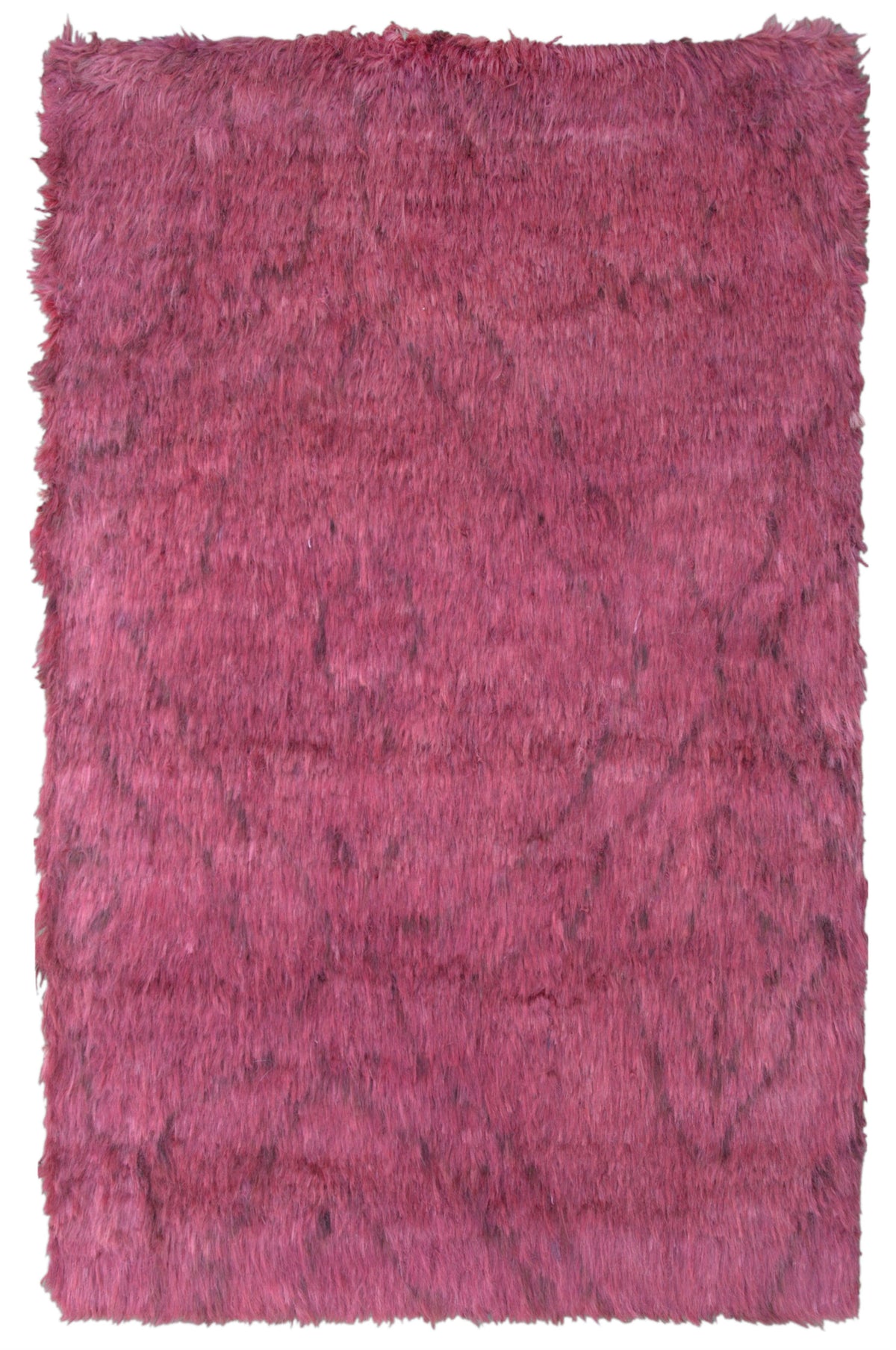 A rectangular shaggy area rug in a dusty rose pink color with a subtle tonal geometric pattern, shown flat against a white background. Atlantica Organics curates antique and handmade rugs, Persian, Afghan, Tibetan, Pakistani, Turkish Oushak, Kilim, Khotan, tribal and contemporary textiles for luxury interiors, homes and real estate. Our collections connect timeless craftsmanship with interior design, furniture, fine art, architecture and modern living. Explore curated rugs, collectible textiles, natural mat