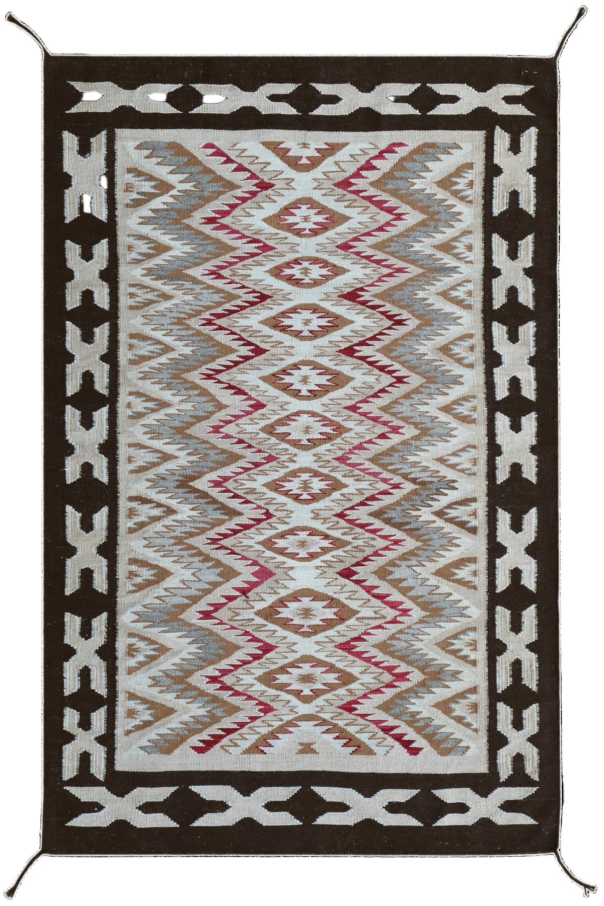 A rectangular Southwestern-style area rug with a geometric diamond and zigzag pattern, featuring a cream center, brown and beige bands, and a dark brown border with white accents.Atlantica Organics curates antique and handmade rugs, Persian, Afghan, Tibetan, Pakistani, Turkish Oushak, Kilim, Khotan, tribal and contemporary textiles for luxury interiors, homes and real estate. Our collections connect timeless craftsmanship with interior design, furniture, fine art, architecture and modern living. Explore cur