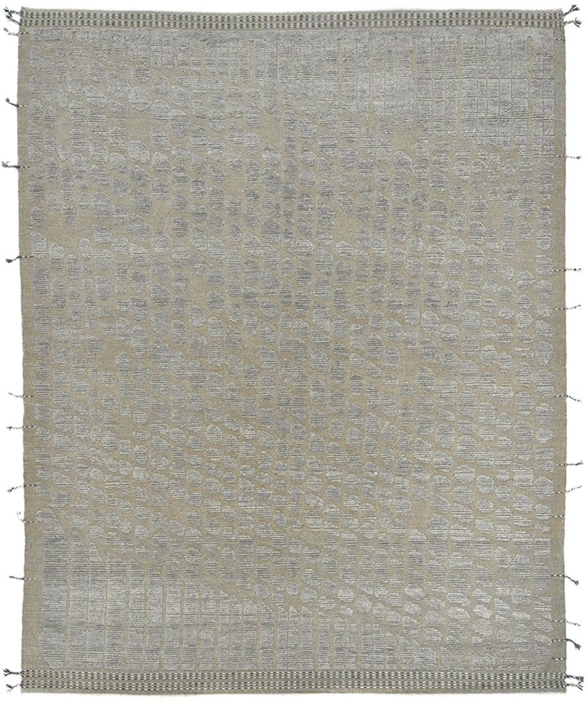 A square area rug with a textured, woven pattern in shades of beige, gray, and taupe, featuring a decorative border and small tassels along the sides. Atlantica Organics curates antique and handmade rugs, Persian, Afghan, Tibetan, Pakistani, Turkish Oushak, Kilim, Khotan, tribal and contemporary textiles for luxury interiors, homes and real estate. Our collections connect timeless craftsmanship with interior design, furniture, fine art, architecture and modern living. Explore curated rugs, collectible texti
