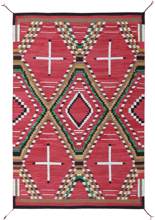 A rectangular woven rug with a Southwestern geometric pattern in red, white, green, black, and tan, shown flat against a white background.