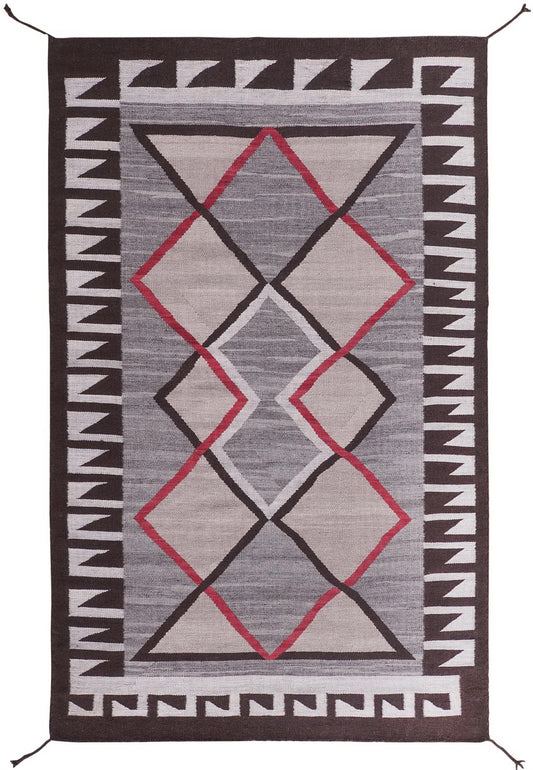 A rectangular woven rug with a geometric Southwestern-style pattern, featuring a gray field with red and black diamond motifs, a white and black zigzag border, and a dark brown outer border.Atlantica Organics curates antique and handmade rugs, Persian, Afghan, Tibetan, Pakistani, Turkish Oushak, Kilim, Khotan, tribal and contemporary textiles for luxury interiors, homes and real estate. Our collections connect timeless craftsmanship with interior design, furniture, fine art, architecture and modern living. 