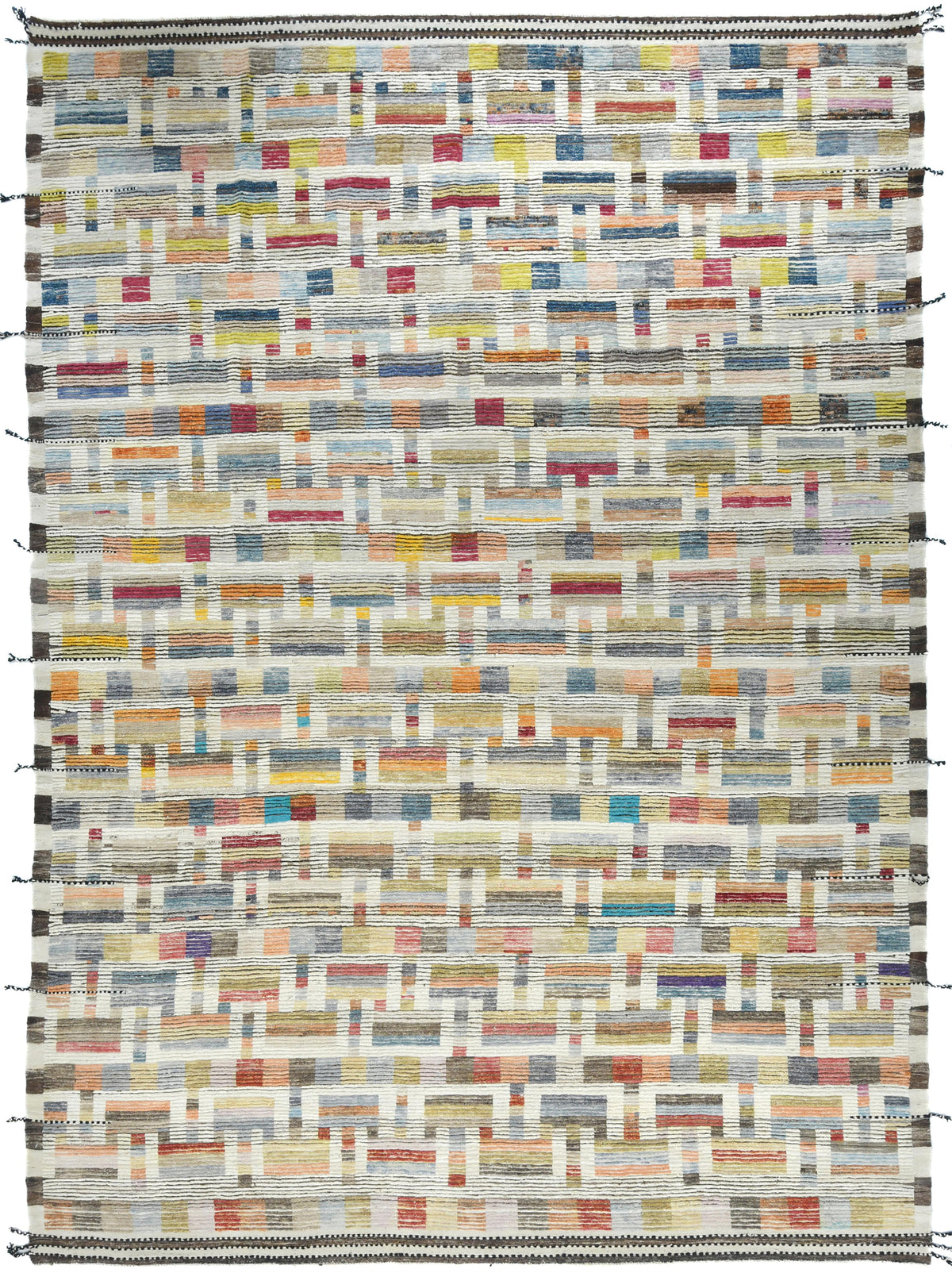 A rectangular woven area rug with an abstract geometric pattern of horizontal and vertical striped bands in multiple colors on a cream base, finished with black and white striped borders. Atlantica Organics curates antique and handmade rugs, Persian, Afghan, Tibetan, Pakistani, Turkish Oushak, Kilim, Khotan, tribal and contemporary textiles for luxury interiors, homes and real estate. Our collections connect timeless craftsmanship with interior design, furniture, fine art, architecture and modern living. Ex