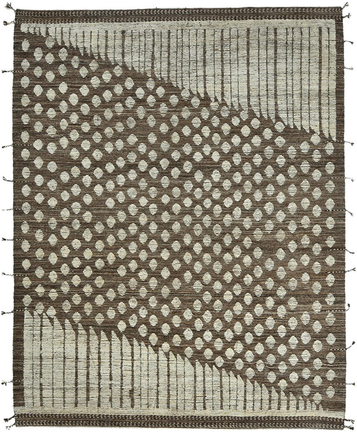 A square woven rug with a geometric pattern, featuring a large central diamond motif in cream on a dark brown background, with striped and textured border sections. Atlantica Organics curates antique and handmade rugs, Persian, Afghan, Tibetan, Pakistani, Turkish Oushak, Kilim, Khotan, tribal and contemporary textiles for luxury interiors, homes and real estate. Our collections connect timeless craftsmanship with interior design, furniture, fine art, architecture and modern living. Explore curated rugs, col
