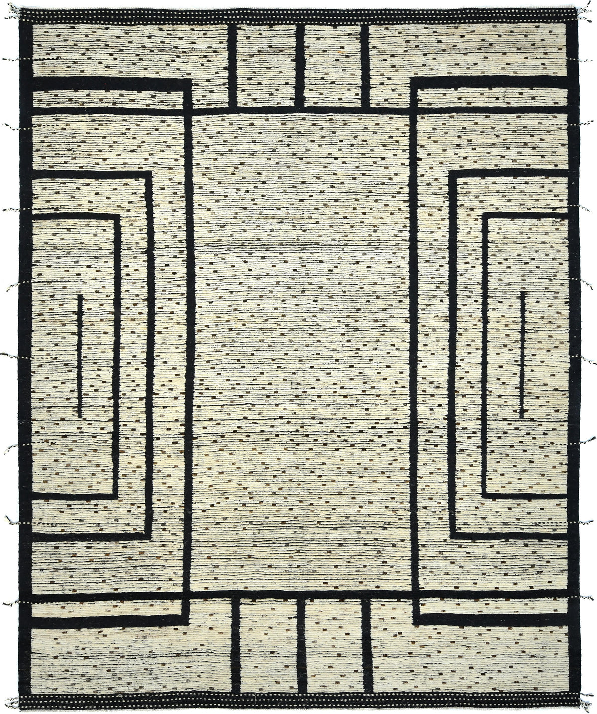 A square woven rug with a geometric pattern, featuring a textured cream and beige base with black lines and small black dots, bordered by black. Atlantica Organics curates antique and handmade rugs, Persian, Afghan, Tibetan, Pakistani, Turkish Oushak, Kilim, Khotan, tribal and contemporary textiles for luxury interiors, homes and real estate. Our collections connect timeless craftsmanship with interior design, furniture, fine art, architecture and modern living. Explore curated rugs, collectible textiles, n