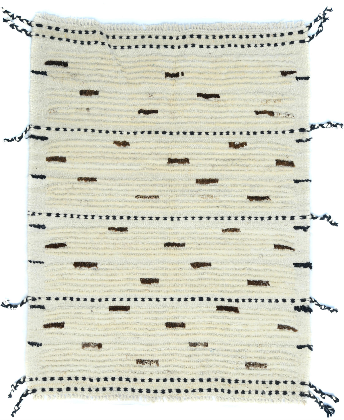 A rectangular cream-colored woven rug with horizontal black dotted stripes, small brown woven accents, and fringed edges on a white background. Atlantica Organics curates antique and handmade rugs, Persian, Afghan, Tibetan, Pakistani, Turkish Oushak, Kilim, Khotan, tribal and contemporary textiles for luxury interiors, homes and real estate. Our collections connect timeless craftsmanship with interior design, furniture, fine art, architecture and modern living. Explore curated rugs, collectible textiles, na