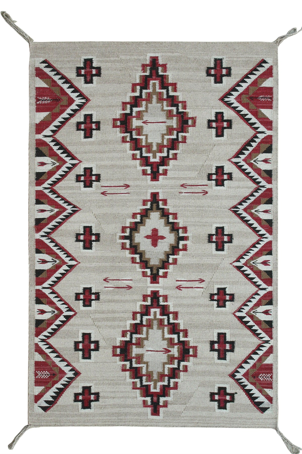 A rectangular woven rug with a Southwestern geometric pattern, featuring red, black, and beige diamond motifs on a light gray background. Atlantica Organics curates antique and handmade rugs, Persian, Afghan, Tibetan, Pakistani, Turkish Oushak, Kilim, Khotan, tribal and contemporary textiles for luxury interiors, homes and real estate. Our collections connect timeless craftsmanship with interior design, furniture, fine art, architecture and modern living. Explore curated rugs, collectible textiles, natural 
