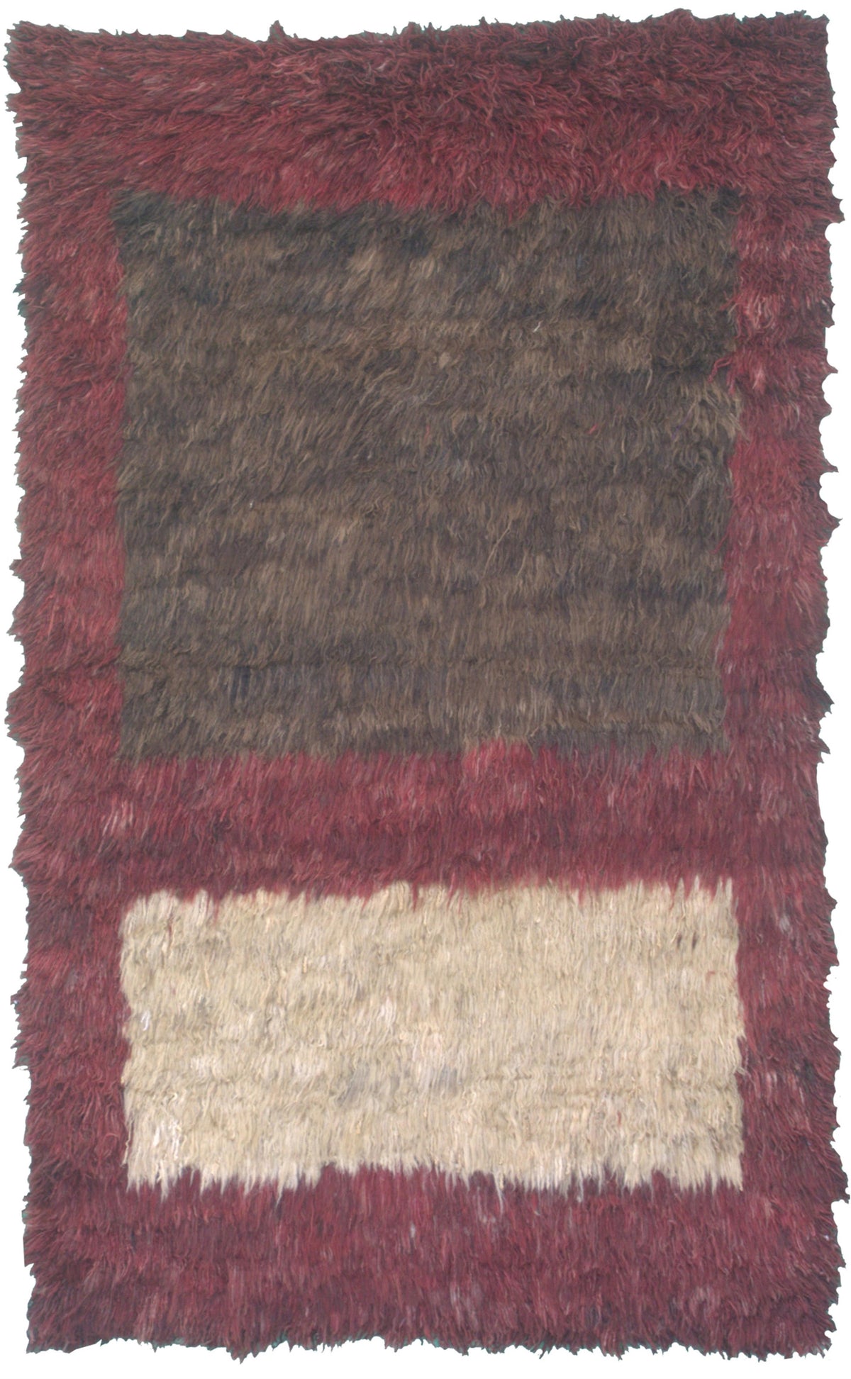 A rectangular shag area rug with a rustic, layered design featuring a dark brown center, a cream-colored horizontal band, and a deep burgundy outer border. Atlantica Organics curates antique and handmade rugs, Persian, Afghan, Tibetan, Pakistani, Turkish Oushak, Kilim, Khotan, tribal and contemporary textiles for luxury interiors, homes and real estate. Our collections connect timeless craftsmanship with interior design, furniture, fine art, architecture and modern living. Explore curated rugs, collectible 