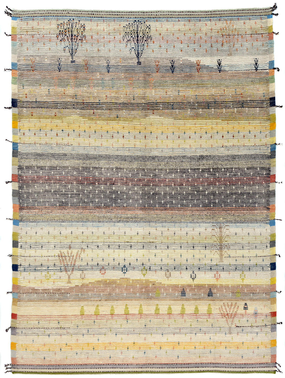 A rectangular woven rug with horizontal bands of cream, beige, gray, and muted yellow, decorated with small tree motifs and tiny scattered accents in blue, red, and orange. Atlantica Organics curates antique and handmade rugs, Persian, Afghan, Tibetan, Pakistani, Turkish Oushak, Kilim, Khotan, tribal and contemporary textiles for luxury interiors, homes and real estate. Our collections connect timeless craftsmanship with interior design, furniture, fine art, architecture and modern living. Explore curated r