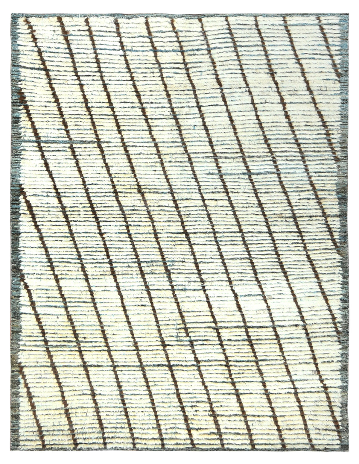 A square area rug with a textured, woven surface featuring a diagonal striped pattern in dark brown and light gray on an off-white background. Atlantica Organics curates antique and handmade rugs, Persian, Afghan, Tibetan, Pakistani, Turkish Oushak, Kilim, Khotan, tribal and contemporary textiles for luxury interiors, homes and real estate. Our collections connect timeless craftsmanship with interior design, furniture, fine art, architecture and modern living. Explore curated rugs, collectible textiles, nat