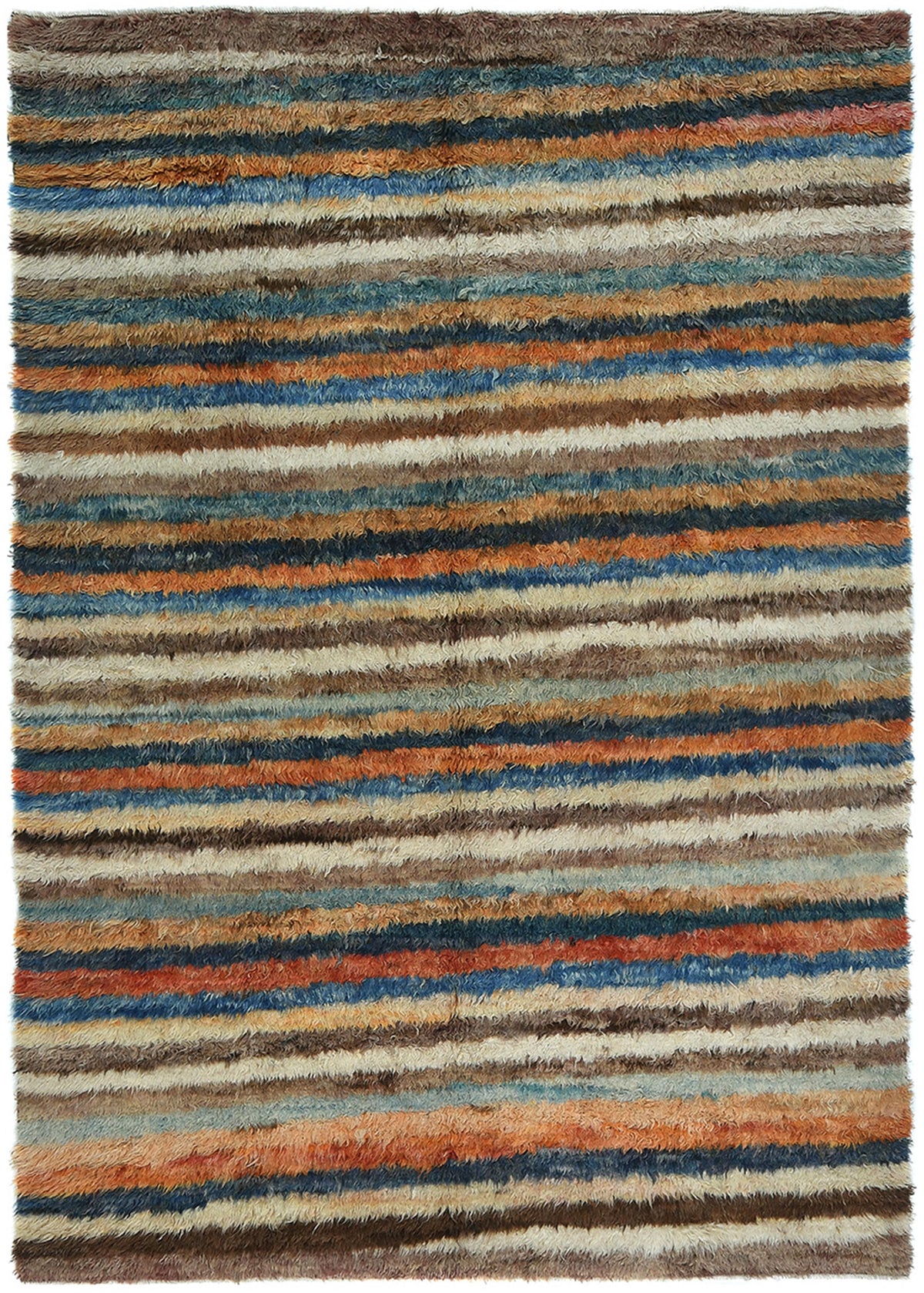 A rectangular shag area rug with a multicolor horizontal stripe pattern in shades of blue, brown, orange, beige, and cream. Atlantica Organics curates antique and handmade rugs, Persian, Afghan, Tibetan, Pakistani, Turkish Oushak, Kilim, Khotan, tribal and contemporary textiles for luxury interiors, homes and real estate. Our collections connect timeless craftsmanship with interior design, furniture, fine art, architecture and modern living. Explore curated rugs, collectible textiles, natural materials, cul