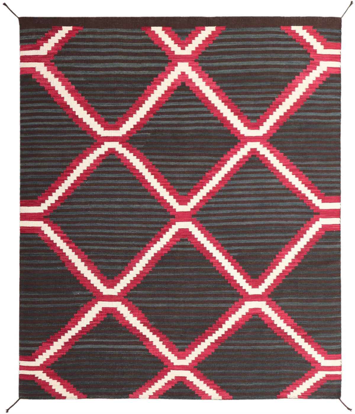A square area rug with a geometric pattern featuring a dark charcoal gray background, red and off-white diamond lattice lines, and fine horizontal stripes.Atlantica Organics curates antique and handmade rugs, Persian, Afghan, Tibetan, Pakistani, Turkish Oushak, Kilim, Khotan, tribal and contemporary textiles for luxury interiors, homes and real estate. Our collections connect timeless craftsmanship with interior design, furniture, fine art, architecture and modern living. Explore curated rugs, collectible t