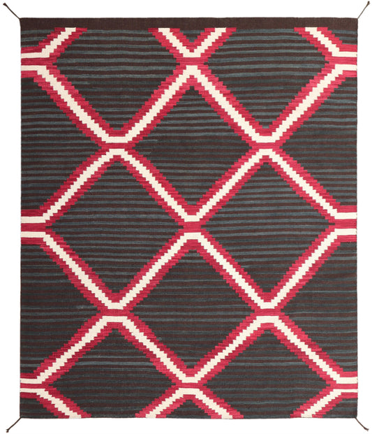 A square area rug with a geometric pattern featuring a dark charcoal gray background, red and off-white diamond lattice lines, and fine horizontal stripes.Atlantica Organics curates antique and handmade rugs, Persian, Afghan, Tibetan, Pakistani, Turkish Oushak, Kilim, Khotan, tribal and contemporary textiles for luxury interiors, homes and real estate. Our collections connect timeless craftsmanship with interior design, furniture, fine art, architecture and modern living. Explore curated rugs, collectible t
