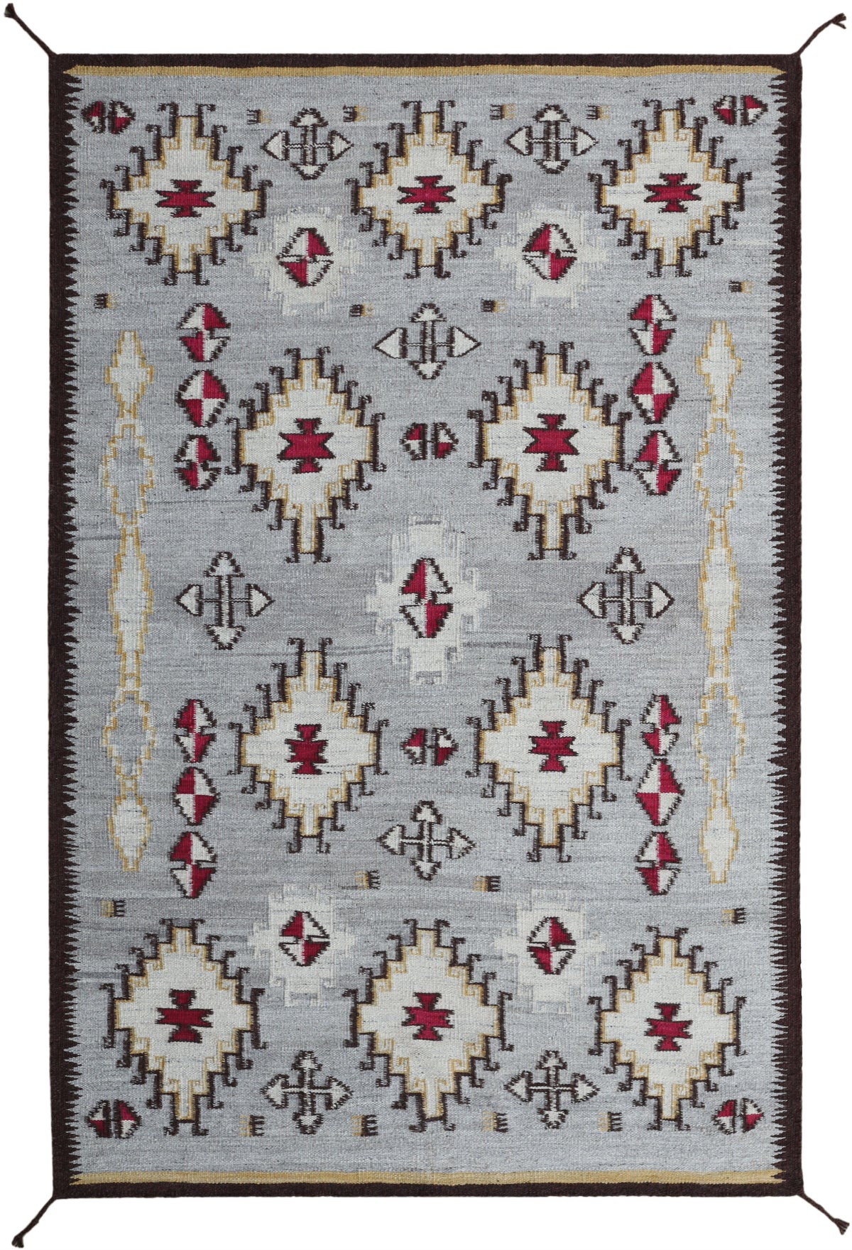 A rectangular woven area rug with a Southwestern geometric pattern, featuring cream, red, and dark brown motifs on a light gray background.