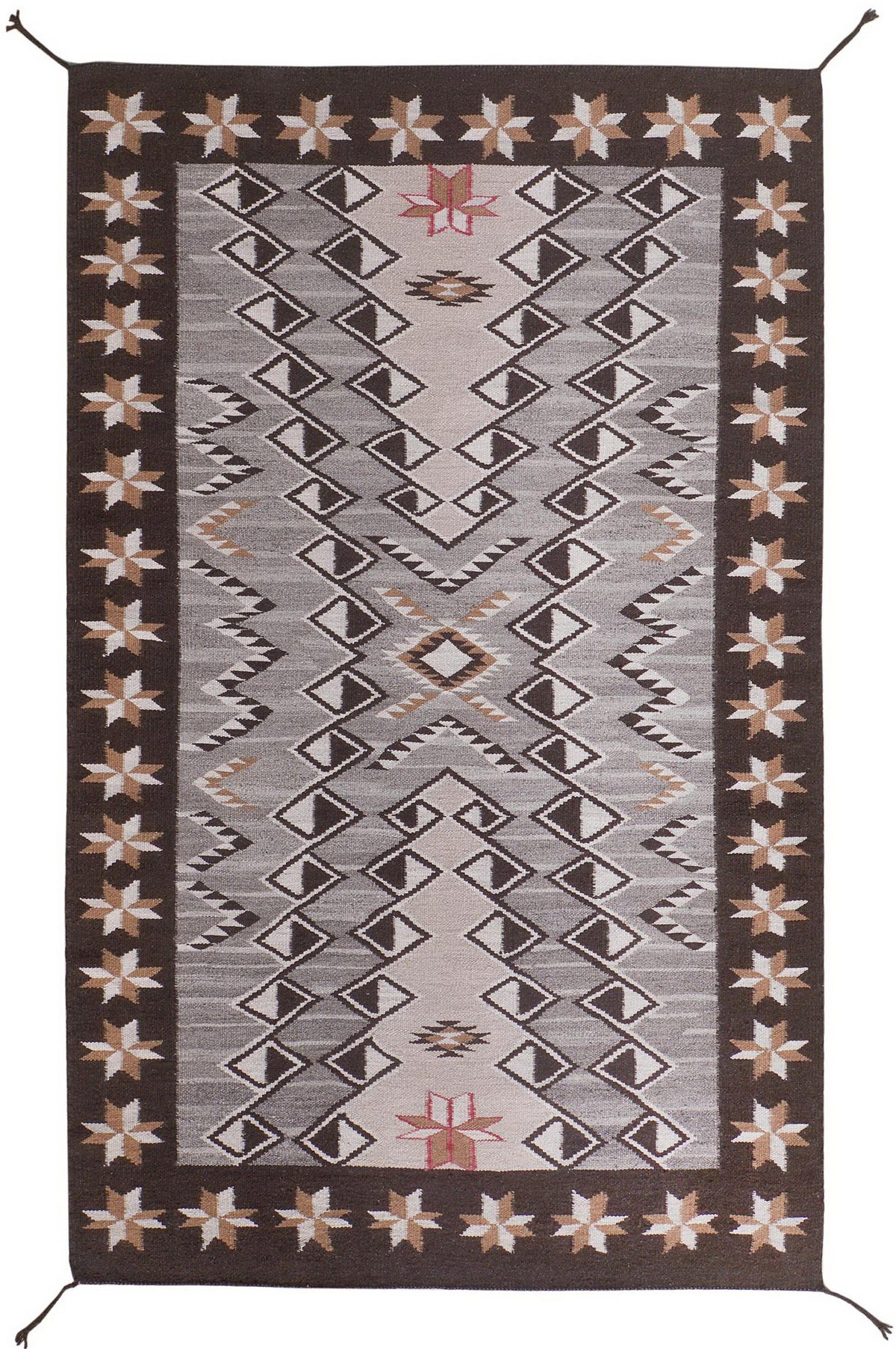 A rectangular woven area rug with a Southwestern geometric pattern, featuring a dark brown border, a light gray center, and beige and rust accents. Atlantica Organics curates antique and handmade rugs, Persian, Afghan, Tibetan, Pakistani, Turkish Oushak, Kilim, Khotan, tribal and contemporary textiles for luxury interiors, homes and real estate. Our collections connect timeless craftsmanship with interior design, furniture, fine art, architecture and modern living. Explore curated rugs, collectible textiles