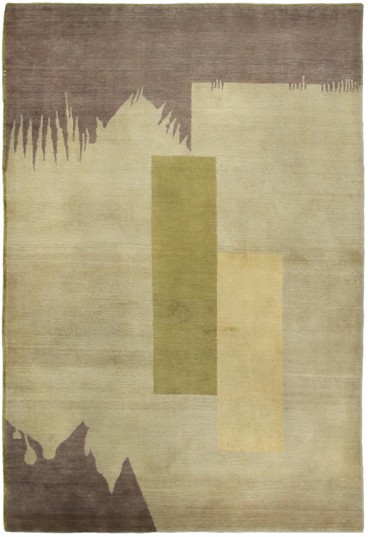 An abstract area rug with a textured, woven appearance, featuring a cream and beige base with a muted olive green vertical rectangle, a dark brown jagged top border, and dark brown abstract shapes in the bottom corners.