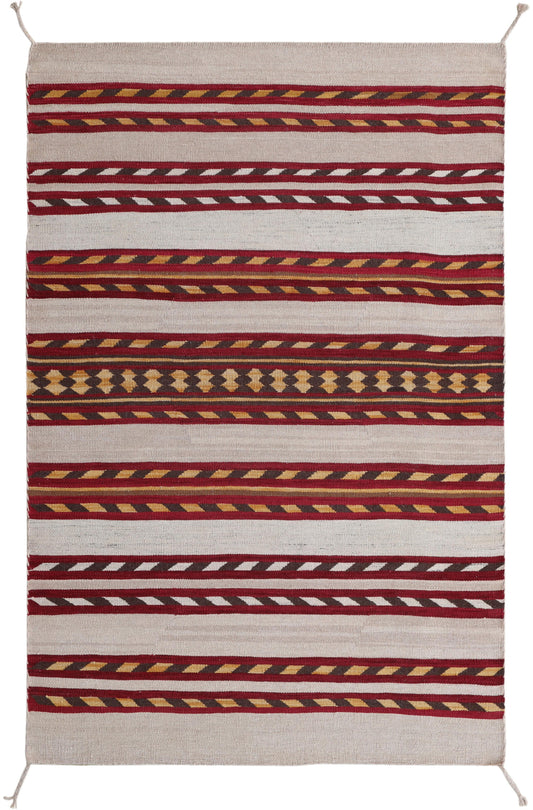 A rectangular woven rug with horizontal geometric stripes in dark red, cream, mustard yellow, and white, shown flat against a white background.Atlantica Organics curates antique and handmade rugs, Persian, Afghan, Tibetan, Pakistani, Turkish Oushak, Kilim, Khotan, tribal and contemporary textiles for luxury interiors, homes and real estate. Our collections connect timeless craftsmanship with interior design, furniture, fine art, architecture and modern living. Explore curated rugs, collectible textiles, nat
