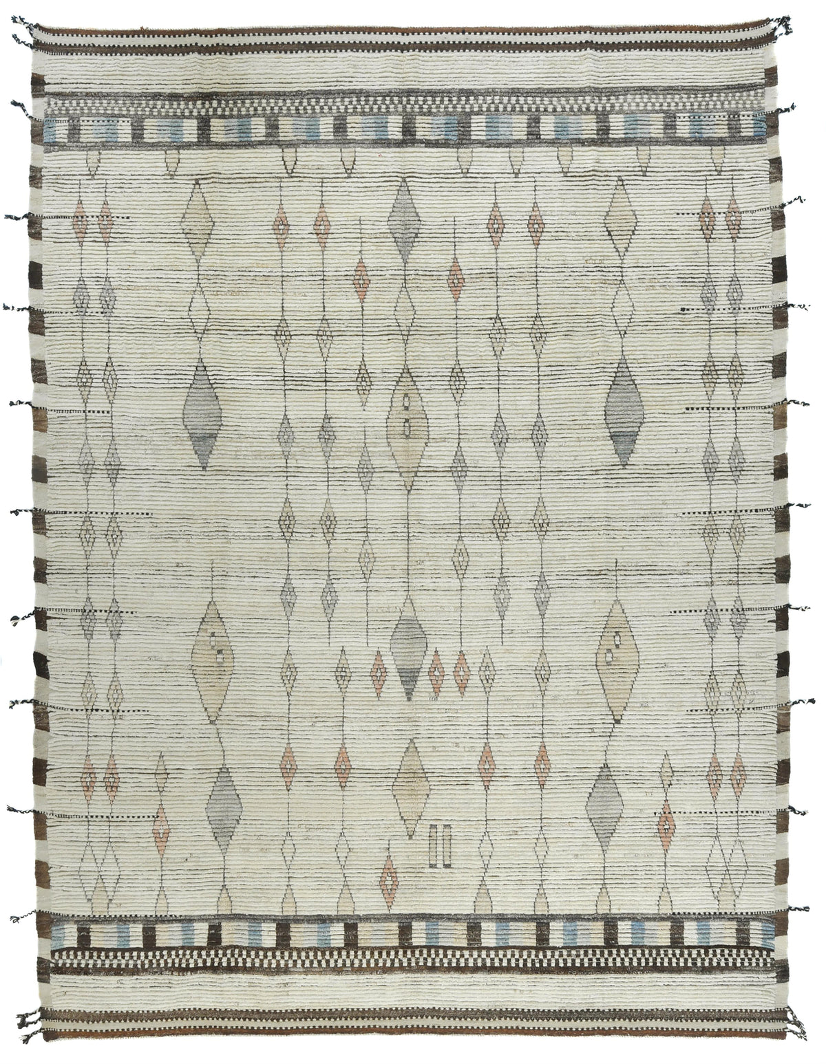 A rectangular woven rug with a cream and off-white base, featuring vertical columns of diamond and oval motifs in muted gray, beige, brown, and light blue, bordered by geometric bands at the top and bottom. Atlantica Organics curates antique and handmade rugs, Persian, Afghan, Tibetan, Pakistani, Turkish Oushak, Kilim, Khotan, tribal and contemporary textiles for luxury interiors, homes and real estate. Our collections connect timeless craftsmanship with interior design, furniture, fine art, architecture an