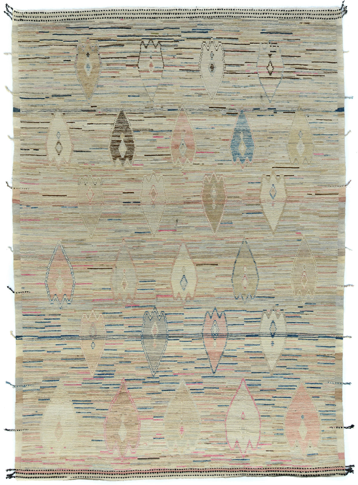 A rectangular woven rug with a cream and beige base, decorated with horizontal blue, pink, and brown stripes and repeating teardrop-shaped motifs in soft pastel tones. Atlantica Organics curates antique and handmade rugs, Persian, Afghan, Tibetan, Pakistani, Turkish Oushak, Kilim, Khotan, tribal and contemporary textiles for luxury interiors, homes and real estate. Our collections connect timeless craftsmanship with interior design, furniture, fine art, architecture and modern living. Explore curated rugs, 