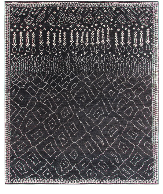 A rectangular black area rug with a white geometric pattern, featuring a large diamond motif in the lower half, vertical hanging chain-like patterns in the upper middle, and a decorative border. Atlantica Organics curates antique and handmade rugs, Persian, Afghan, Tibetan, Pakistani, Turkish Oushak, Kilim, Khotan, tribal and contemporary textiles for luxury interiors, homes and real estate. Our collections connect timeless craftsmanship with interior design, furniture, fine art, architecture and modern liv