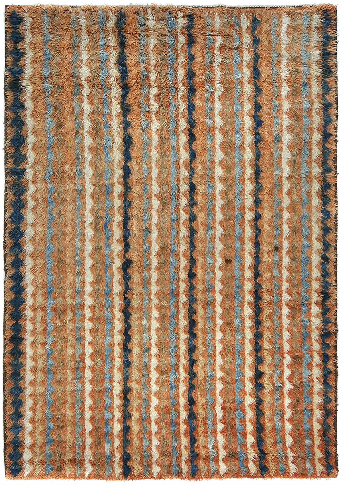 A rectangular shag area rug with vertical stripes in warm brown, beige, muted blue, and dark charcoal, shown flat against a white background. Atlantica Organics curates antique and handmade rugs, Persian, Afghan, Tibetan, Pakistani, Turkish Oushak, Kilim, Khotan, tribal and contemporary textiles for luxury interiors, homes and real estate. Our collections connect timeless craftsmanship with interior design, furniture, fine art, architecture and modern living. Explore curated rugs, collectible textiles, natu
