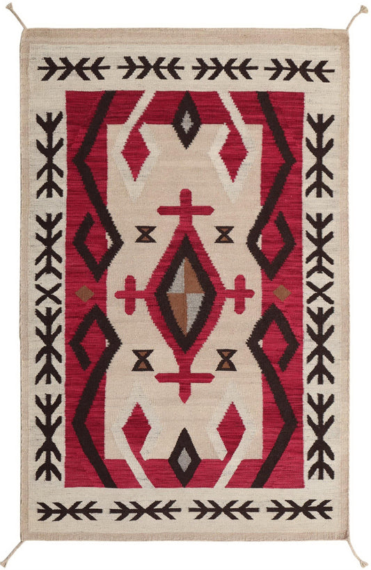 A rectangular woven rug with a Southwestern geometric pattern, featuring a cream background, a central red field, and black border motifs.Atlantica Organics curates antique and handmade rugs, Persian, Afghan, Tibetan, Pakistani, Turkish Oushak, Kilim, Khotan, tribal and contemporary textiles for luxury interiors, homes and real estate. Our collections connect timeless craftsmanship with interior design, furniture, fine art, architecture and modern living. Explore curated rugs, collectible textiles, natural 