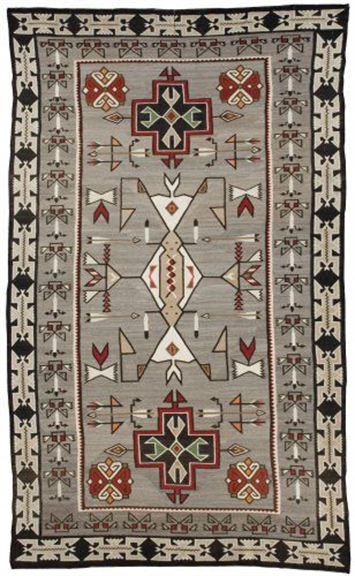 A rectangular Southwestern-style area rug with a geometric pattern, featuring a central field in light gray with red, black, beige, and white motifs, surrounded by a dark border. Atlantica Organics curates antique and handmade rugs, Persian, Afghan, Tibetan, Pakistani, Turkish Oushak, Kilim, Khotan, tribal and contemporary textiles for luxury interiors, homes and real estate. Our collections connect timeless craftsmanship with interior design, furniture, fine art, architecture and modern living. Explore cur