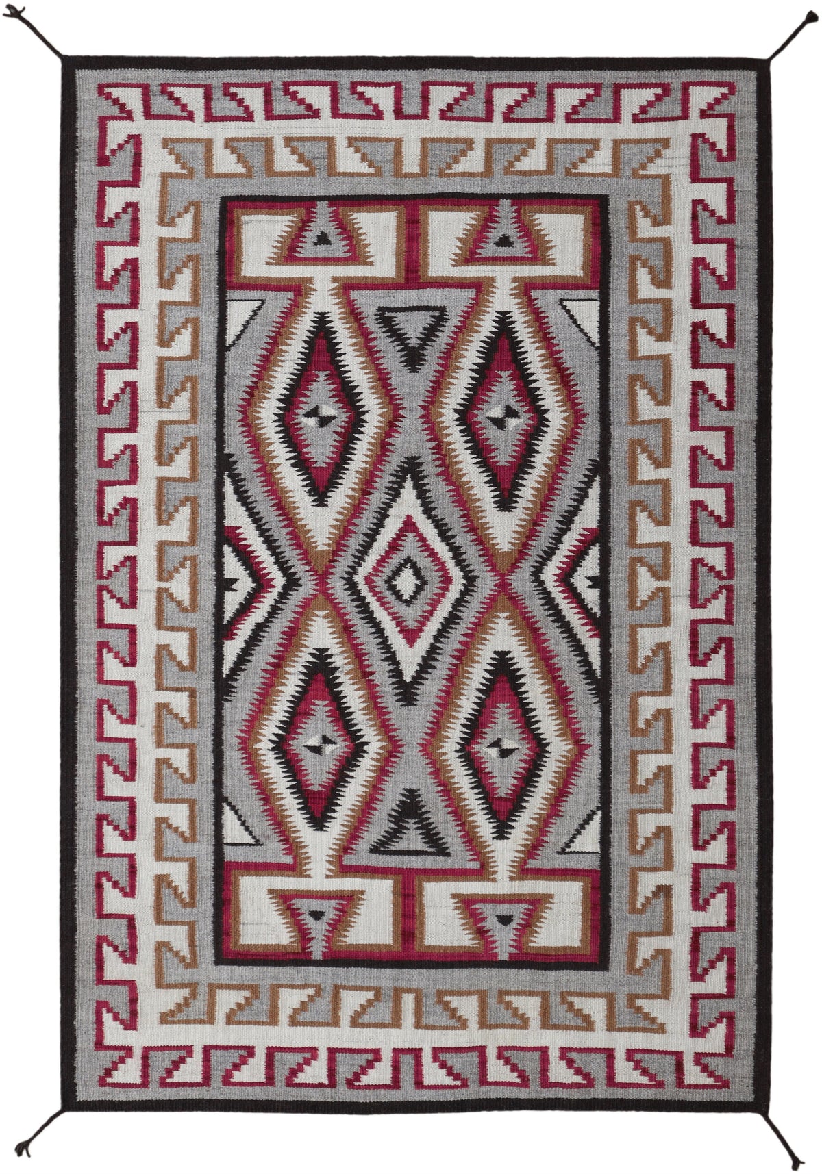 A rectangular woven rug with a Southwestern geometric pattern in red, black, gray, beige, and white, shown flat against a white background.